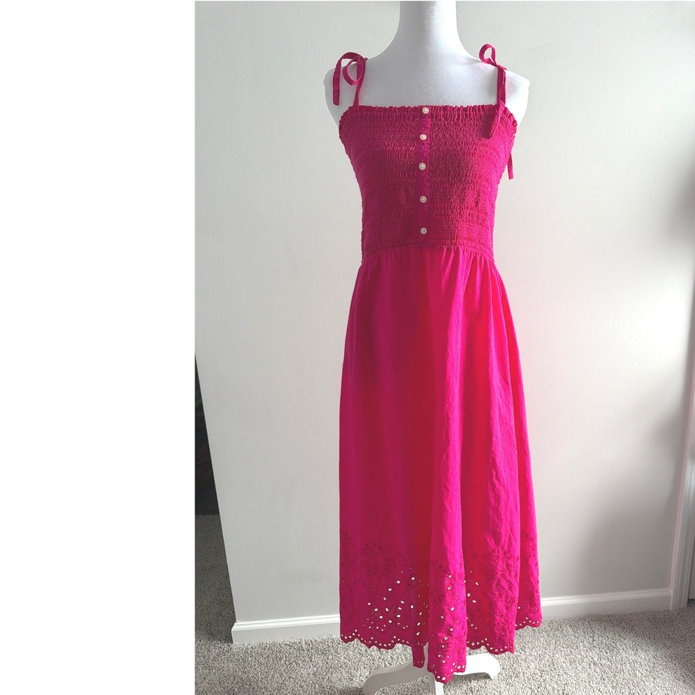 LOFT Pink Cotton Smocked Eyelet Midi Dress Tie Strap Boho Resort SizeS
